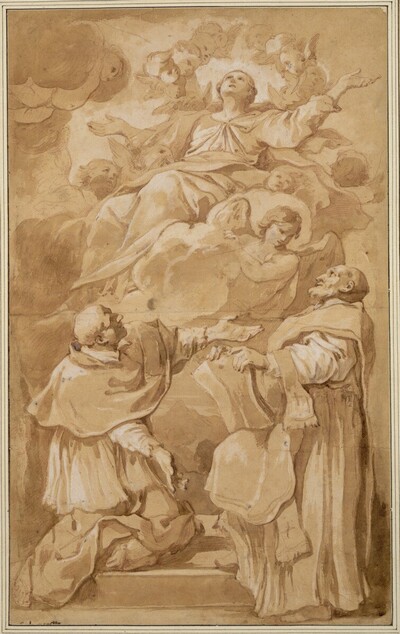 Die Madonna in der Engelglorie schwebend, die Hände ausgebreitet, blickt zum Himmel auf; unten der kniende Karl Borromäus und der stehende Filippo Neri von Charles-Joseph Natoire