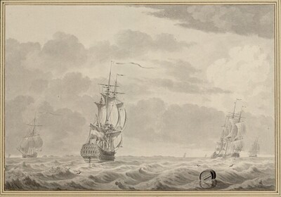 Holländisches Kriegsschiff bei aufkommendem Sturm, andere Schiffe im Hintergrund von Cornelis de Grient