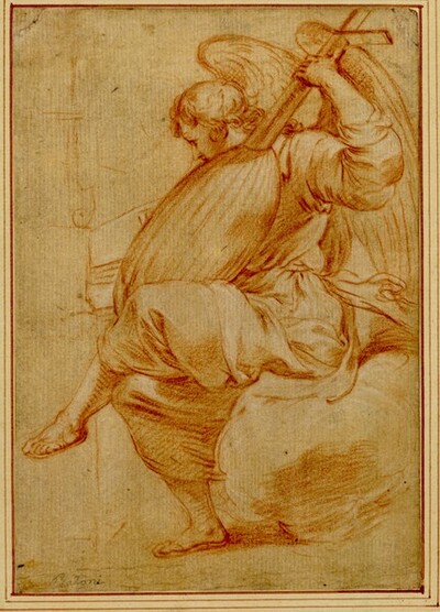 Ein Engel, mit überschlagenen Beinen auf Wolken nach links sitzend, spielt die Mandoline von Pompeo Girolamo Batoni