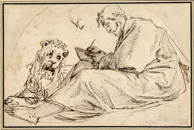 Der Evangelist Markus am Boden sitzend, mit einer Schreibtafel auf den Knien; die Nasenpartie nochmals skizziert; neben ihm der Löwe (Lünette) von Anonym