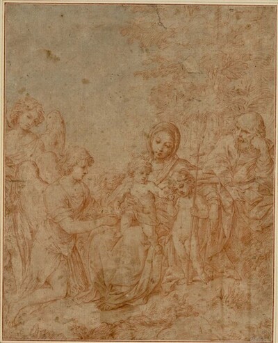 Heilige Familie mit Johannes und zwei Engeln von Simone Cantarini da Pesaro