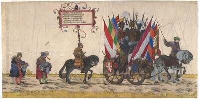 Triumphzug Kaiser Maximilians I.: Trophäenwagen mit niederländischen und französischen Beutestücken sowie Vorreiter und Kleinodienträger von Albrecht Altdorfer