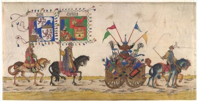 Triumphzug Kaiser Maximilians I.: Der ungarische Trophäenwagen und die reitenden Bannerträger von Kastilien und Leon von Albrecht Altdorfer