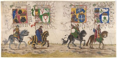 Triumphzug Kaiser Maximilians I.:Reitende Bannerträger von Granada, Alt-Aragon, Alt-Granada und Toledo von Albrecht Altdorfer