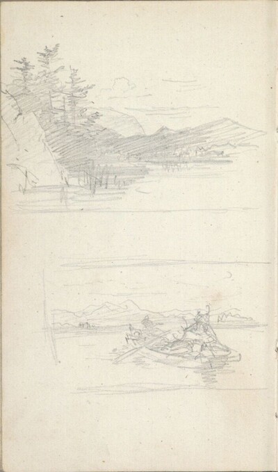 Landschaftsstudie mit einem See; Studie zu einer Heimkehr von der Jagd, im Ruderboot von Friedrich Gauermann