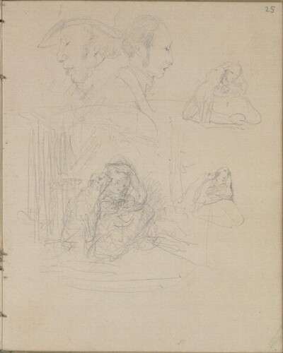 Undeutliche Skizze eines Bildaufbaues mit kauernder Person und Hund, Einzelstudien dieser Gruppe; zwei Kopfskizzen von Männern im Profil von Josef Danhauser
