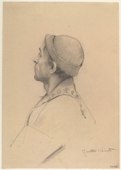 Mann mit Mütze im Profil (Studie für "Shakespeares Globetheater", Wiener Burgtheater) von Gustav Klimt