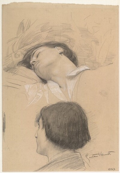 Liegender junger Mann (Romeo), Mann im verlorenem Profil (Studien für "Shakespeares Globethater", Wiener Burgtheater) von Gustav Klimt