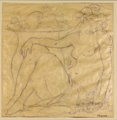 Schlafende nackte Frau vor einer Urne mit Früchten von Josef Tautenhayn