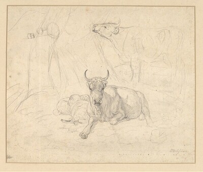 Liegende und stehende Kuh und zwei liegende Schafe von Johann Wilhelm Melchior
