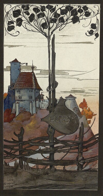 Allegorie des Herbstes mit Landschaftsausblick auf eine Burg von Léo Schnug