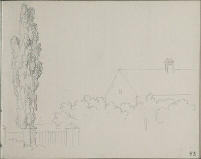 Skizze einer Pappel, rechts ein Haus von Blasius Höfel