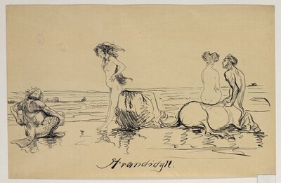 "Strandidyll": Zwei Meerjungfrauen, ein Wassermann und ein Kentaur von Heinrich Kley