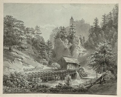 Die Hofmühle an der Steinapiesting mit der Burgruine Gutenstein von Thomas Ender