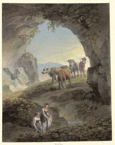 Höhle mit Herde und zwei Frauen von Martin von Molitor