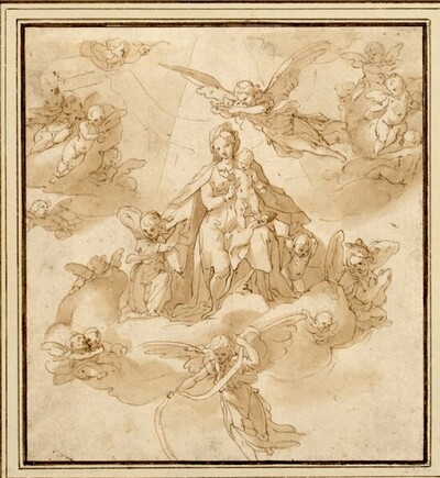 Maria mit dem Kinde auf zwei Wolken; zwei Engel an ihren Seiten halten den Mantel auseinander; ein dritter über ihrem Haupt trägt eine Krone, ein vierter unter der Jungfrau ein leeres Spruchband von Francesco Vanni