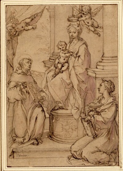 Die thronende Madonna mit dem Kind und dem Heiligen Bernardino von Siena und Agathe; ein Engel bekrönt die Madonna, ein anderer hebt einen Vorhang, so dass ein Landschaftsausblick freigegeben wird von Francesco Vanni