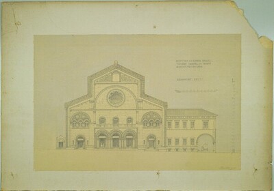 Triest, Synagoge (Wettbewerbsentwurf), vordere Fassade zur Via Crocera, Aufriss von Alfred Castelliz