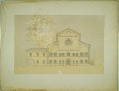 Triest, Synagoge (Wettbewerbsentwurf), rückwärtige Fassade zur Via Gaetano Donizetti, Aufriss von Alfred Castelliz