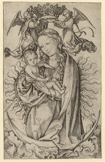 Die Madonna auf der Mondsichel, von zwei Engeln gekrönt von Martin Schongauer