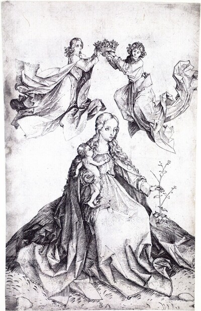 Die sitzende Madonna, von zwei Engeln gekrönt von Monogrammist BM