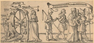 Der Teppich von Michelfeld; linker Teil: der Fuchs und die Zeit, das Glücksrad drehend; die fünf Stände von Albrecht Dürer