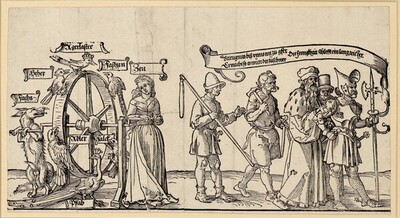 Der Teppich von Michelfeld; linker Teil: der Fuchs und die Zeit, das Glücksrad drehend; die fünf Stände von Albrecht Dürer