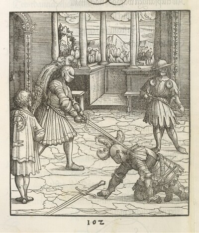 Theuerdank: Bild 102 - Theuerdank besiegt im Schwertkampf seinen Gegner von Hans Burgkmair d. Ä.