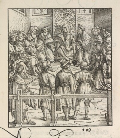 Theuerdank: Bild 109 - Ein Gericht tagt über die drei bösen Hauptleute von Hans Burgkmair d. Ä.