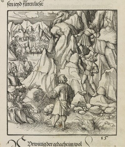 Theuerdank: Bild 15 - Theuerdank bleibt bei der Gämsenjagd mit einem Fuß in einer Felsspalte stecken und wird von einem anderen Jäger befreit von Leonhard Beck