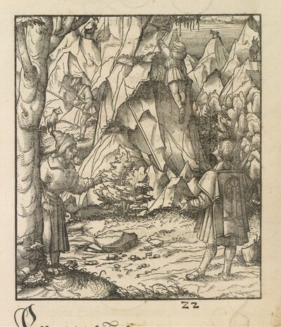 Theuerdank: Bild 22 - Theuerdank auf einem hohen Gebirgspfad auf Gämsenjagd, rechts stürzt sein Jagdbegleiter ab von Hans Burgkmair d. Ä.