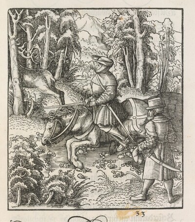 Theuerdank: Bild 33 - Bei einer Jagd stürzt das Pferd Theuerdanks, er bleibt aber unversehrt von Leonhard Beck