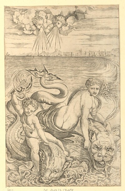 Venus und Amor auf Delphinen von Agostino Veneziano