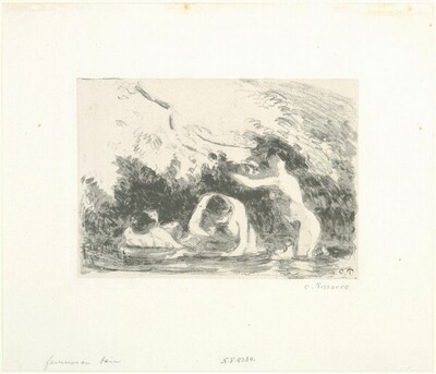 Baigneuses à l'ombre des berges boisées von Camille Pissarro