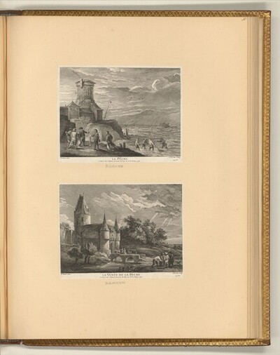 Landschaft mit Turm und Fischer; Der Fischverkauf von Jacques-Philippe Le Bas