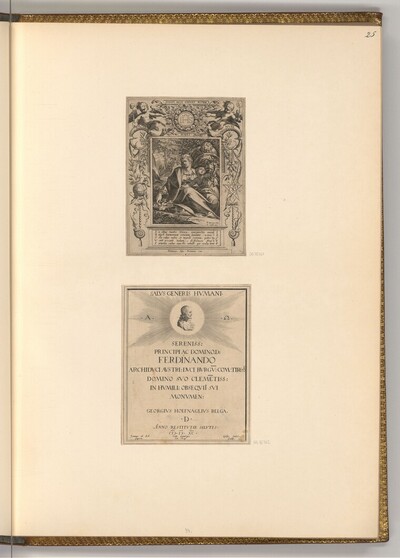 Titelblatt und Dedikation, Salus Generis Humani, Die Ruhe auf der Flucht nach Ägypten (Emblem) von Aegidius Sadeler d. J.
