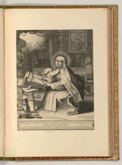 Theresa von Ávila schreibt in ihrer Zelle, im Hintergrund die Heiliggeisttaube von Francesco Villamena