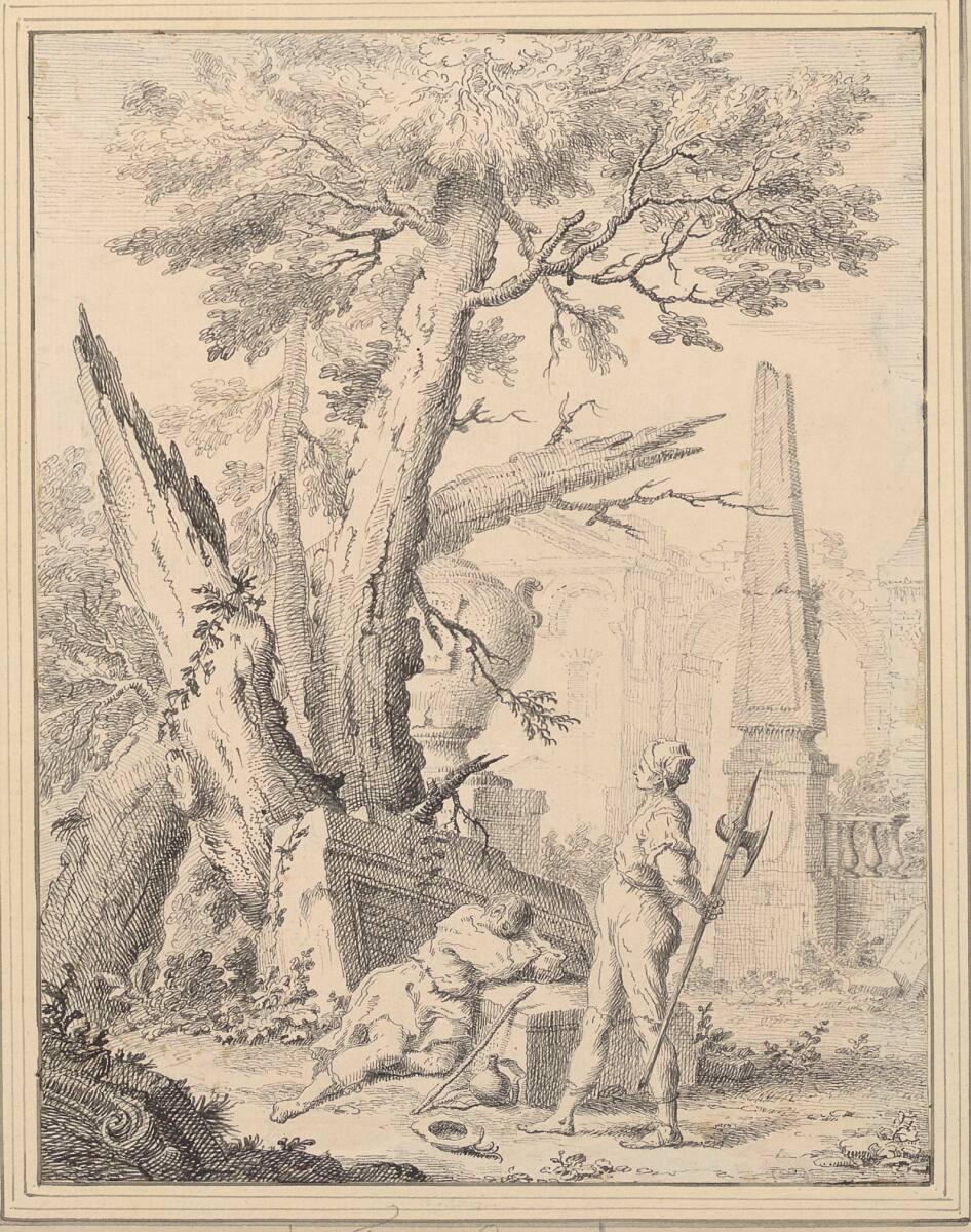 Franz Sigrist, Schlafender und Wächter in baumbestandener Ruinenlandschaft, Inv. Nr.: 4417