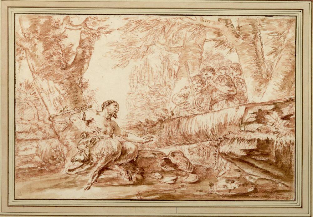 Bernhard Rode, An Baum gefesselter Satyr, dessen Krug zerbrochen ist, wird von Waldbauern gesch…