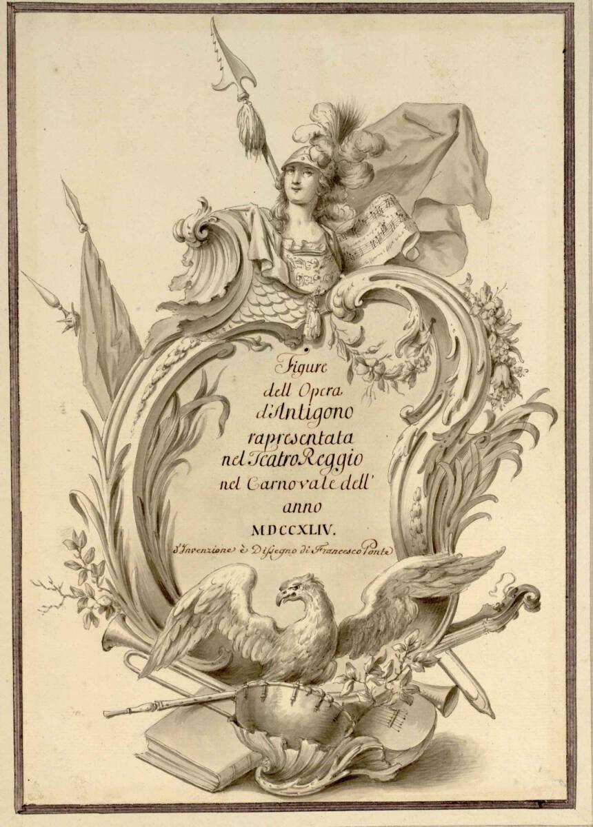Francesco Ponte, Ttelblatt: Kartusche mit figuralen Motiven als Schrifteinfassung, Inv. Nr.: 45…