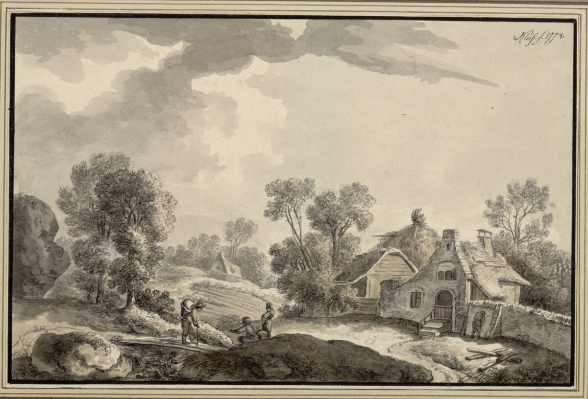 Hügelige Landschaft mit Bauerhäusern und Figurenstaffage, Friedrich Christian Klaß, 1778