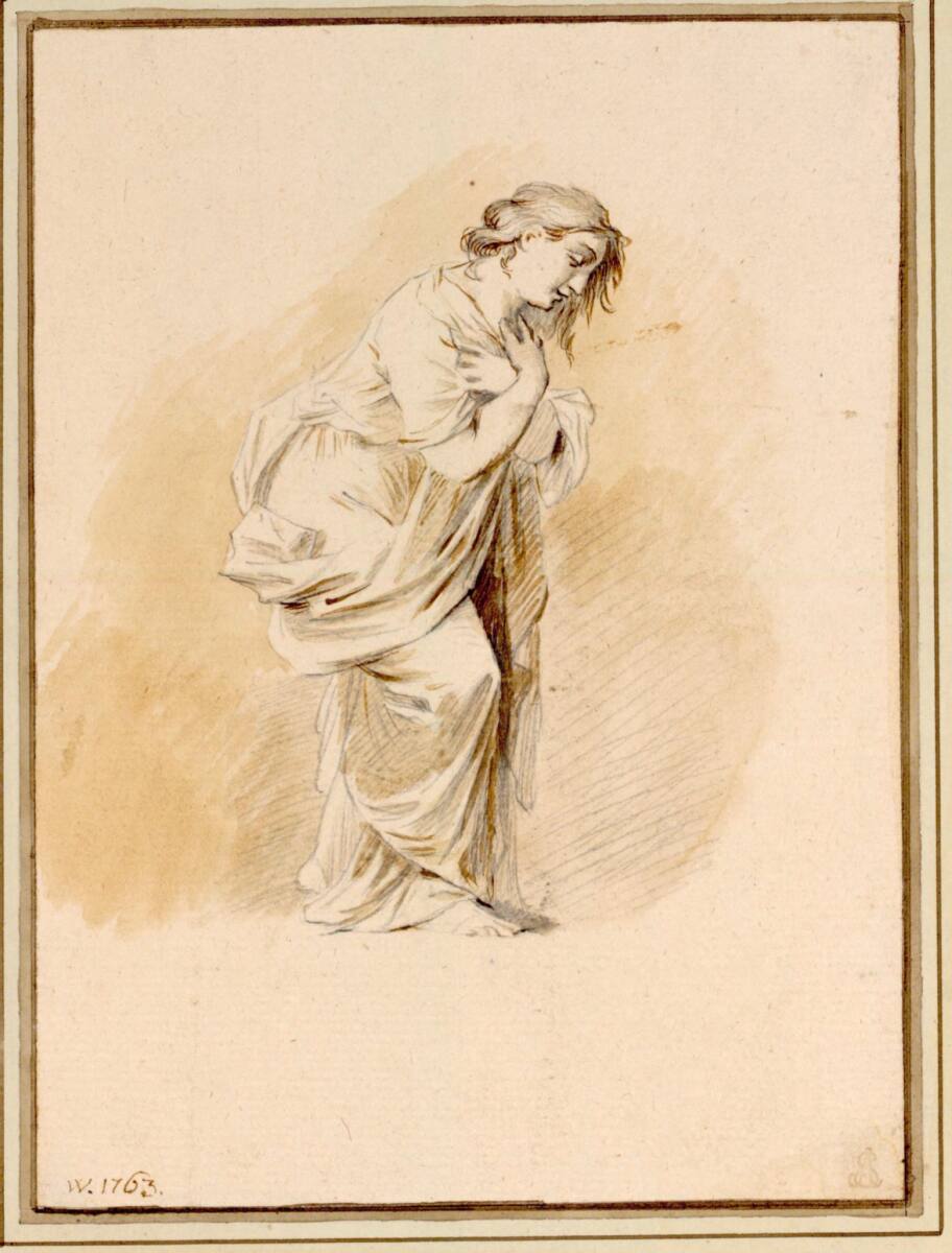 Nach rechts schreitende, sich vorneigende Frau mit über der Brust verschränkten Händen, Johann Georg Wagner, 1763