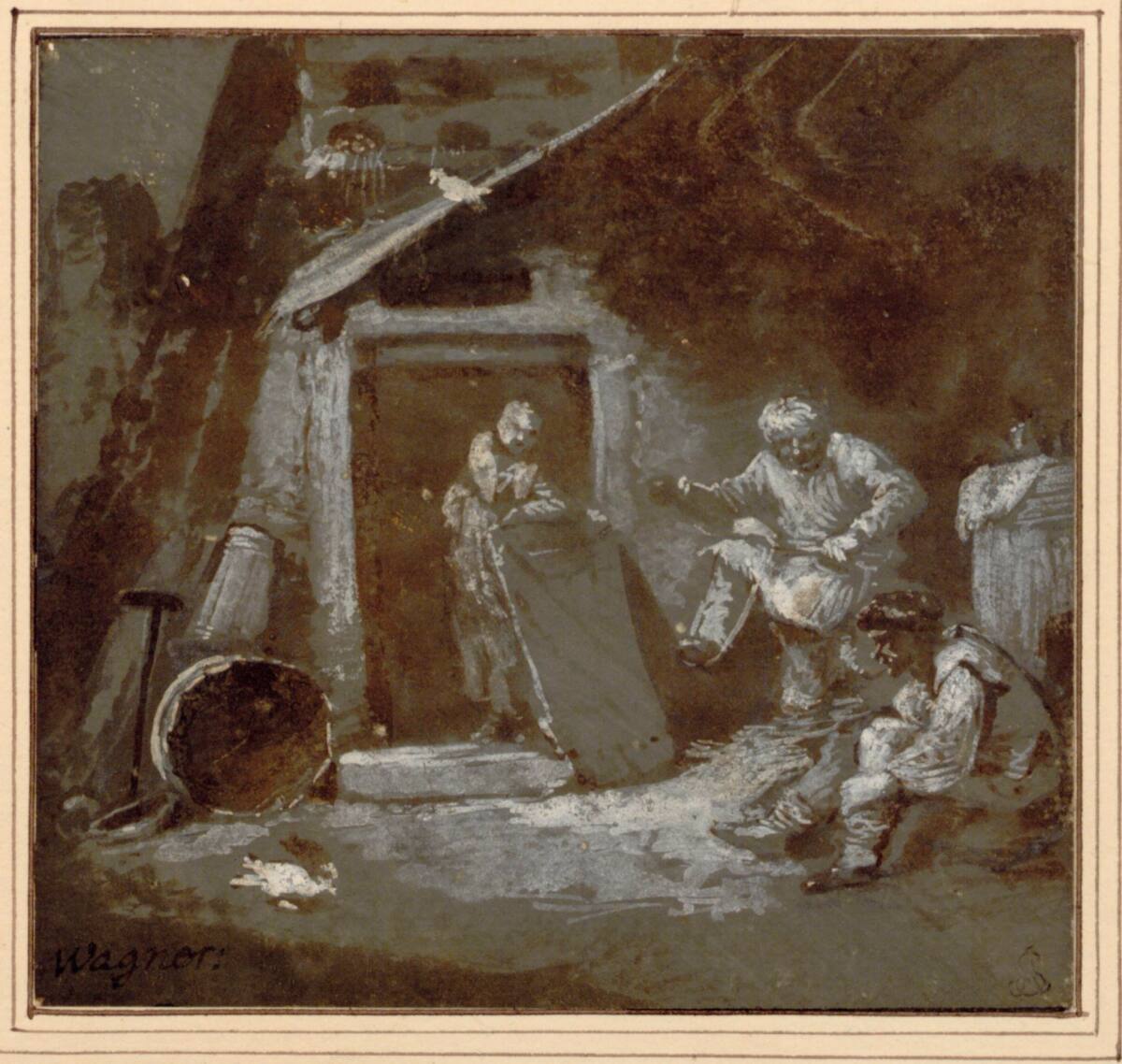 Vor Hütte tanzender Bauer, Johann Georg Wagner