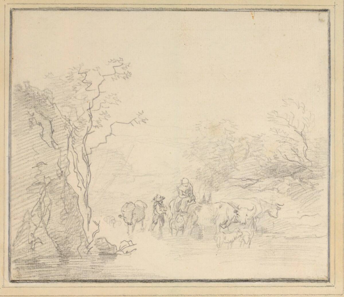 Hirtin mit ihrer Herde in Furt, Johann Georg Wagner