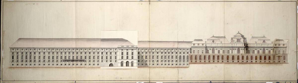 Wien I, Hofburg, Um- und Neubauprojekt, Gesamtplan, Vorstadtfassade, Aufriss, Inv. Nr.: AZ6654