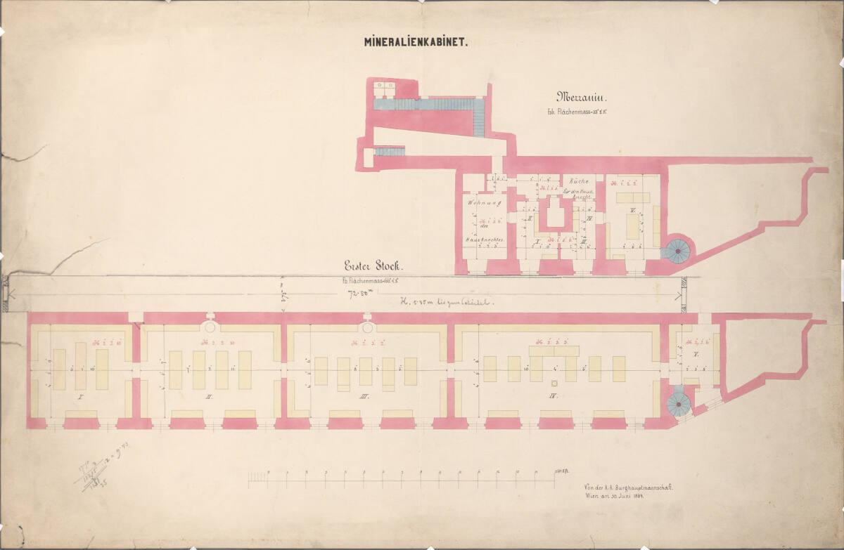Wien I, Hofburg, Augustinergangtrakt, Mineralienkabinett, Mezzanin und 1. Stock, Grundriss, Inv…