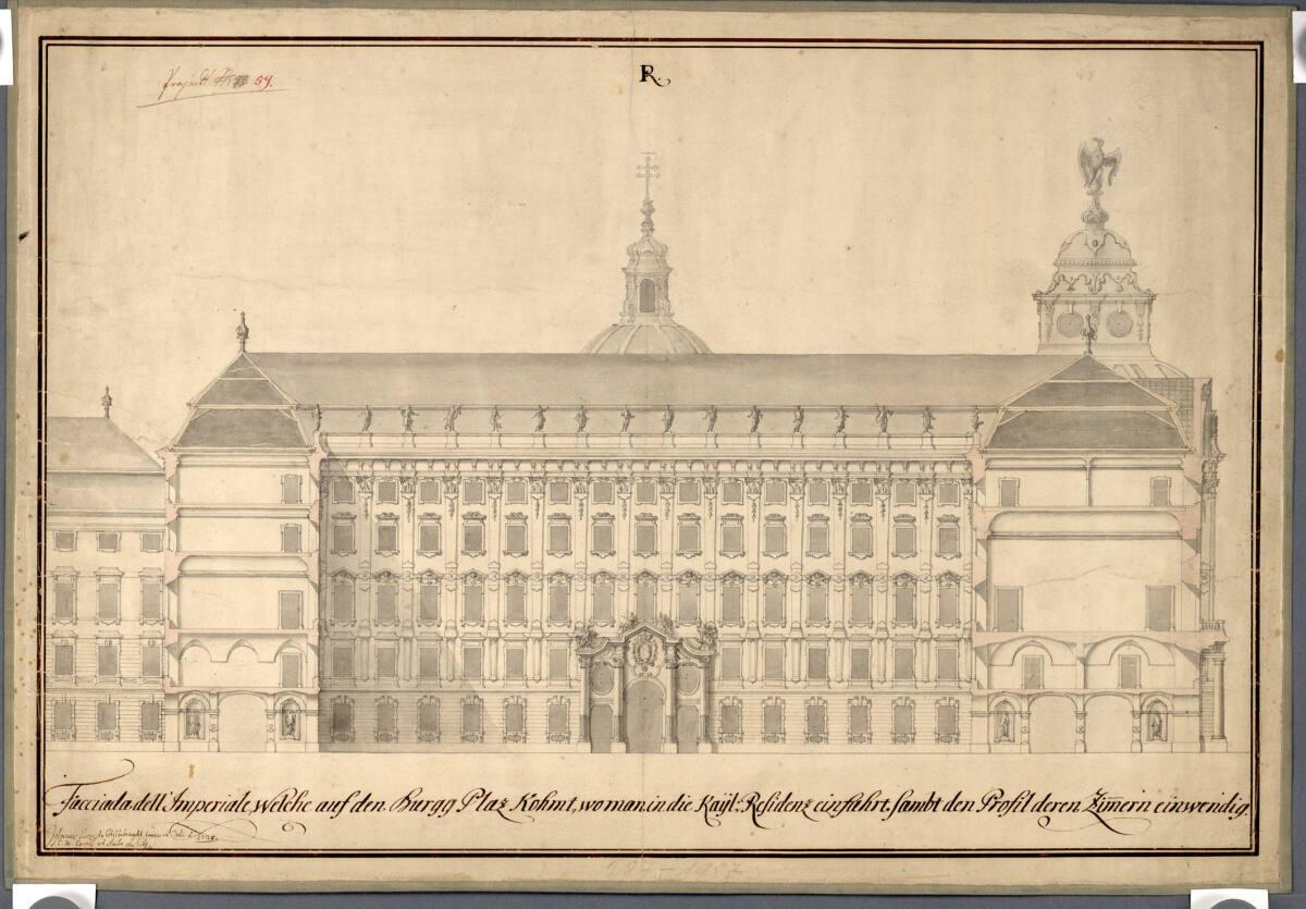 Wien I, Hofburg, Um- und Neubauprojekt, Innerer Burghof gegen den Schweizerhof, Schnitt, Inv. N…