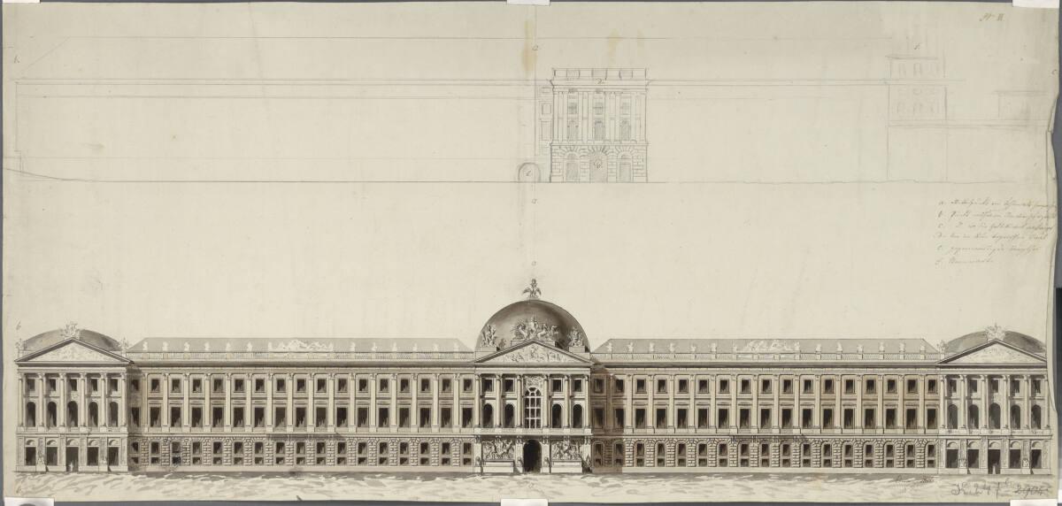 Wien I, Hofburg, Um- und Neubauprojekt, Vorstadtfassade und Skizze Baubestand, Aufriss, Inv. Nr…