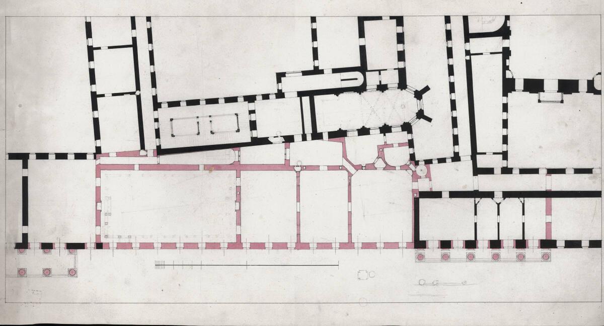 Wien I, Hofburg, Um- und Neubauprojekt (III), Schweizerhof, 1.Stock, Grundriss mit projektierte…