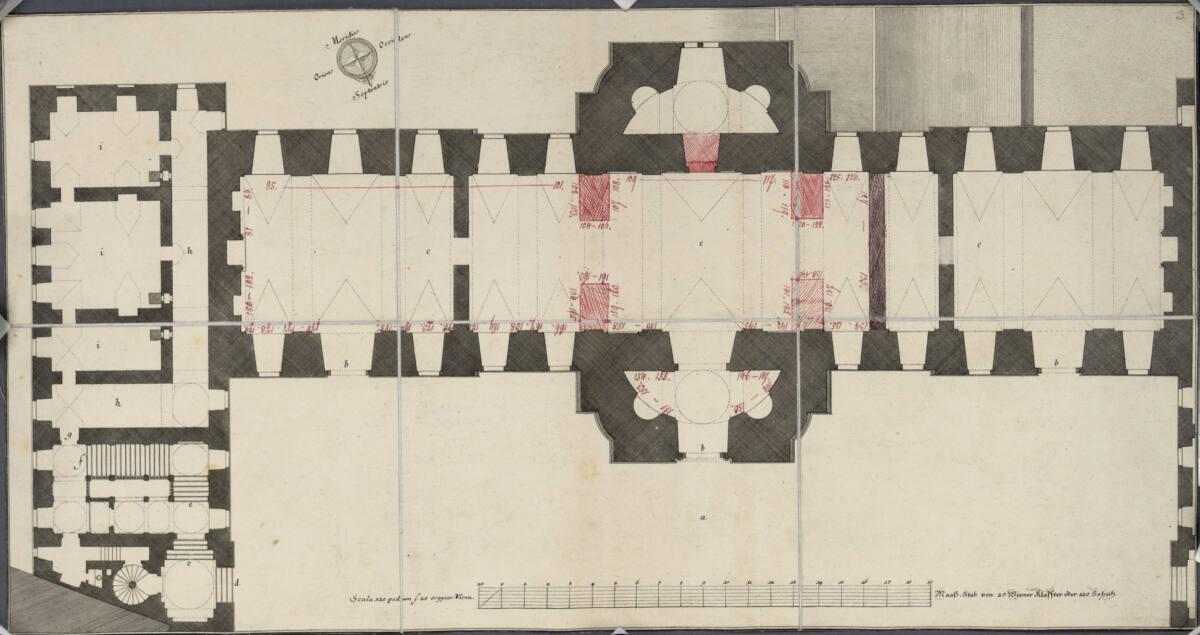Wien I, Hofburg, Hofbibliothek, Parterre, Grundriss, mit späterer Eintragung der Stützpfeiler, …